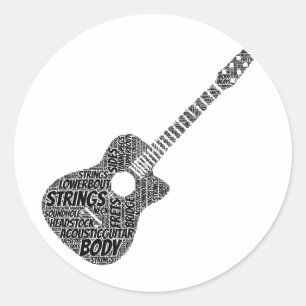 Akustische Gitarre gestalten Word Art Black Text Runder Aufkleber