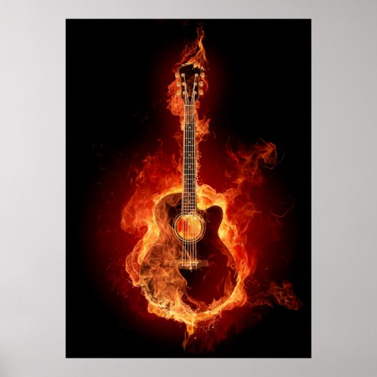Akustische Gitarre in Flammen Poster (Vorne)