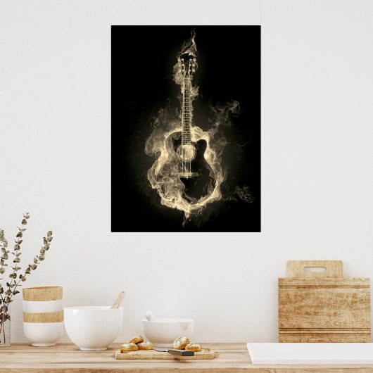 Akustische Gitarre in weißen Flammen Poster (Küche)