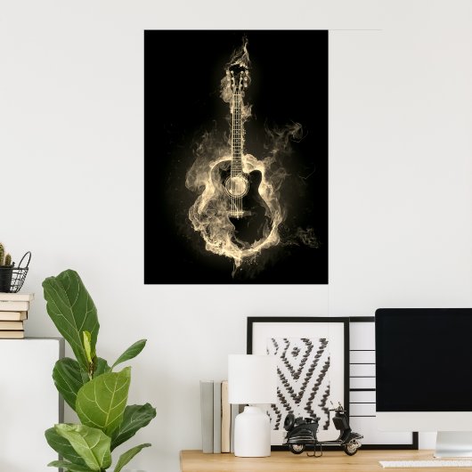 Akustische Gitarre in weißen Flammen Poster (Heimbüro)
