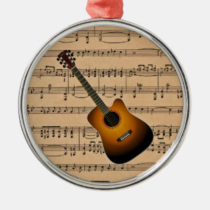 Akustische Gitarre mit Notenblatt-Hintergrund Silbernes Ornament