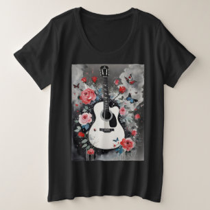 Akustische Gitarre mit Rose und Schmetterlingen Große Größe T-Shirt
