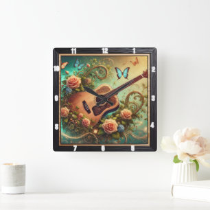 Akustische Gitarre Umrahmte Blume und Schmetterlin Quadratische Wanduhr