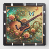 Akustische Gitarre Umrahmte Blume und Schmetterlin Quadratische Wanduhr (Vorderseite)