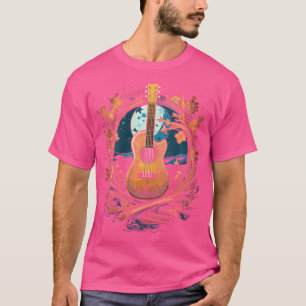 Akustische Gitarre und Mond mit Bergen und Bäumen T-Shirt