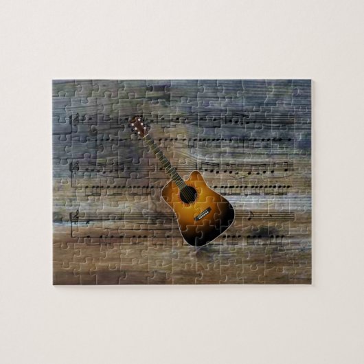 Akustische Guitar~Sheet Musik auf Barnwood Puzzle (Horizontal)