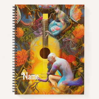 Akustischer Gitarrenbaum mit dem Menschen Notizblock