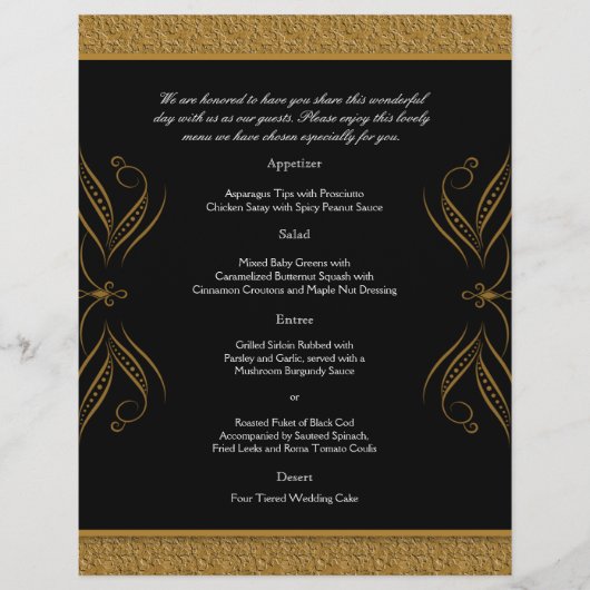 Akzente Hochzeitsmenü für Schwarz und Gold Scroll (Vorderseite)