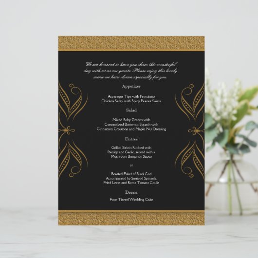 Akzente Hochzeitsmenü für Schwarz und Gold Scroll (Stehend Vorderseite)