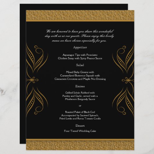 Akzente Hochzeitsmenü für Schwarz und Gold Scroll (Vorne/Hinten)