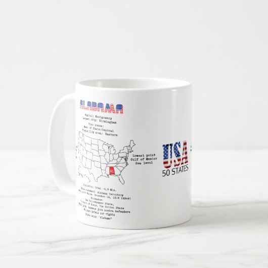 Alabama American Staat auf der Karte und nützliche Kaffeetasse (Vorderseite Links)