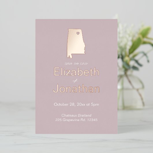 Alabama Hochzeit in Urlaubsort Save the Date Rose Folieneinladung (Stehend vorne)