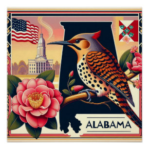 Alabama Northern Flicker Bird & Camellia Blume Poster