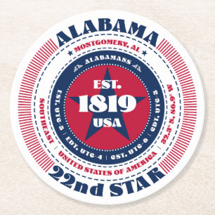 Alabama Red White Blue Typografie Runder Pappuntersetzer