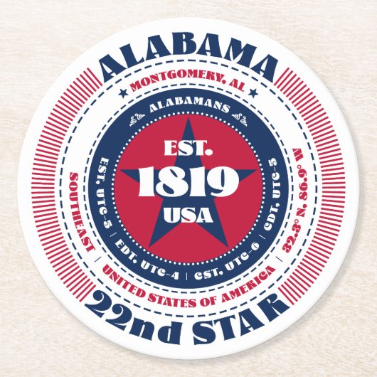 Alabama Red White Blue Typografie Runder Pappuntersetzer (Vorderseite)