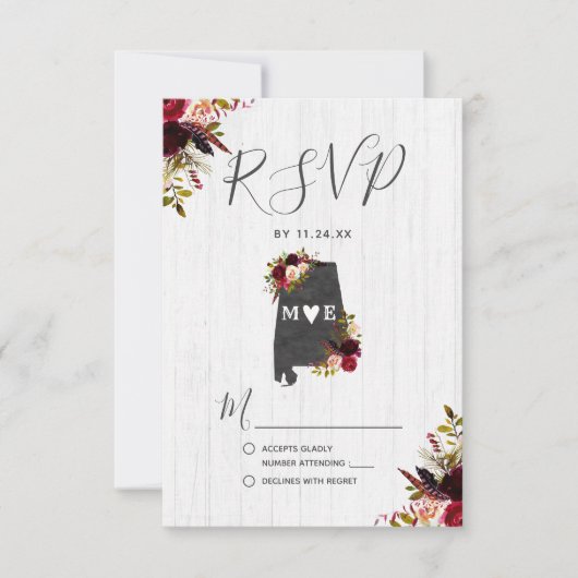 Alabama Staat Destination Rustic Wedding RSVP Karte (Vorderseite)