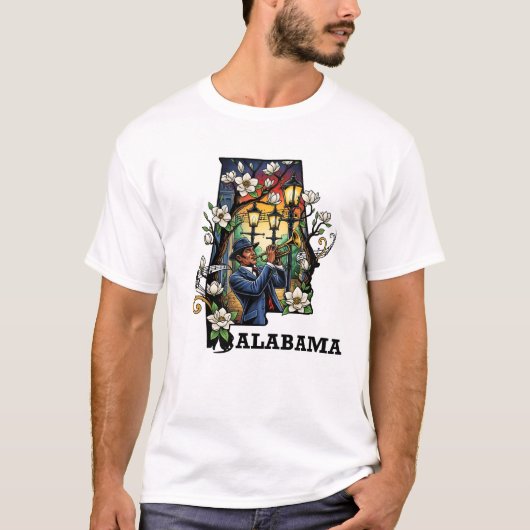 Alabama Staat Tattoo Style - Jazz & Magnolia T-Shirt (Vorderseite)