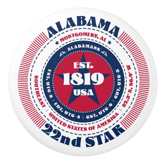 Alabama US Staat Red White Blue Typografy Keramikknauf (Vorderseite)