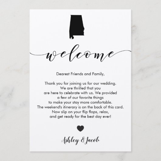 Alabama Wedding Welcome Letter & Itinerary Card Programm (Vorderseite)