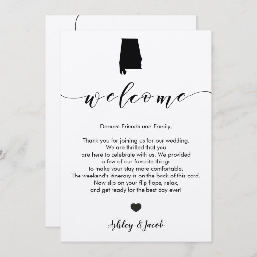 Alabama Wedding Welcome Letter & Itinerary Card Programm (Vorne/Hinten)