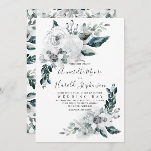 Alabaster Floral Greenery | Wasserfarbenhochzeit Einladung (Vorne/Hinten)