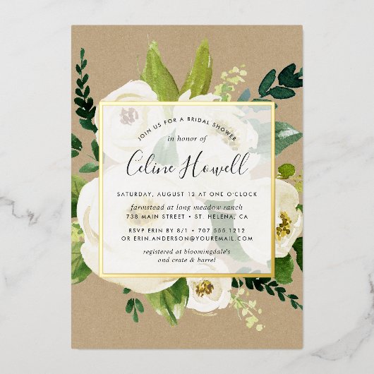 Alabaster Floral Kraft Brautparty Gold Folieneinladung (Vorderseite)