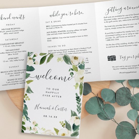 Alabaster Floral Wedding Welcome Letter Itinerary Dreifach-gefaltete Programmkarte