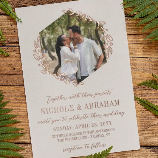 Alabaster Hexagon Rose Gold Wreath Foto Wedding Folieneinladung