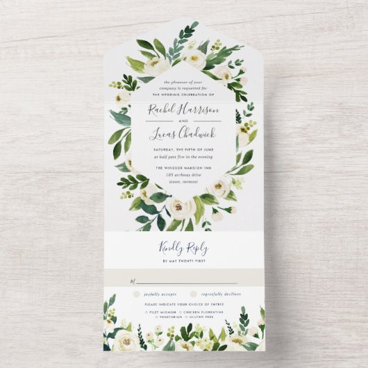 Alabaster | Hochzeitsarbeiten mit weißem Blumenrah All In One Einladung (Innen Boden)