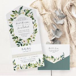 Alabaster | Hochzeitsarbeiten mit weißem Blumenrah All In One Einladung