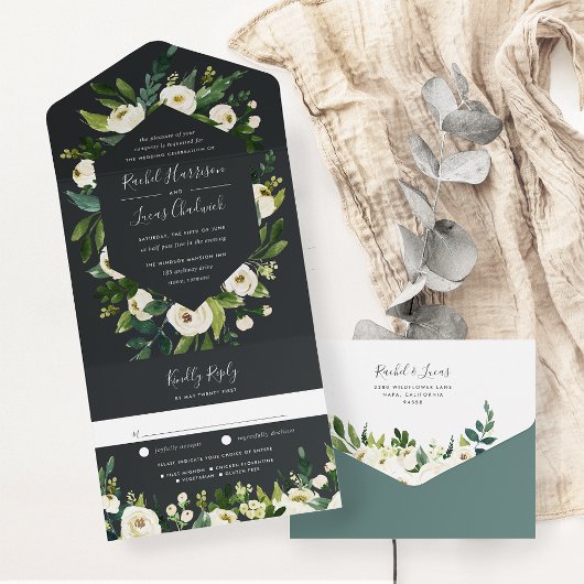 Alabaster | Hochzeitsarbeiten mit weißem Blumenrah All In One Einladung