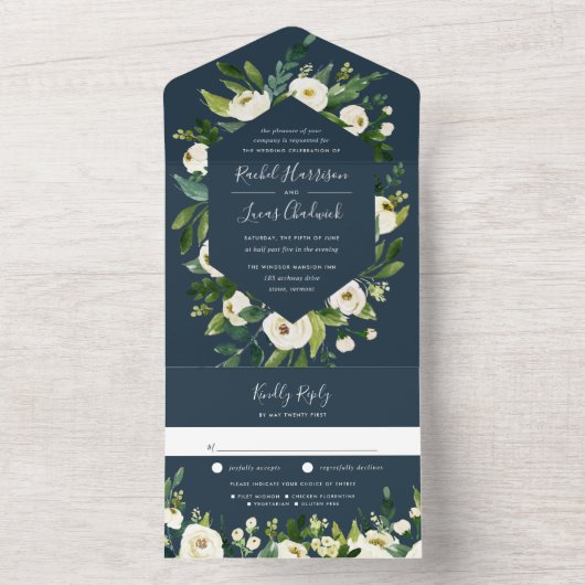 Alabaster | Hochzeitsarbeiten mit weißem Blumenrah All In One Einladung (Innen Boden)