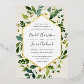 Alabaster | Hochzeitsarbeiten mit weißem Blumenrah Folieneinladung (Vorderseite)