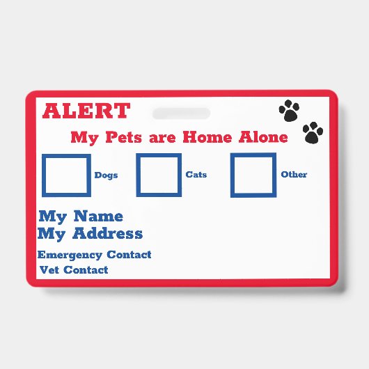 Alarmierungskarte für Haustiere  Ausweis (Front)