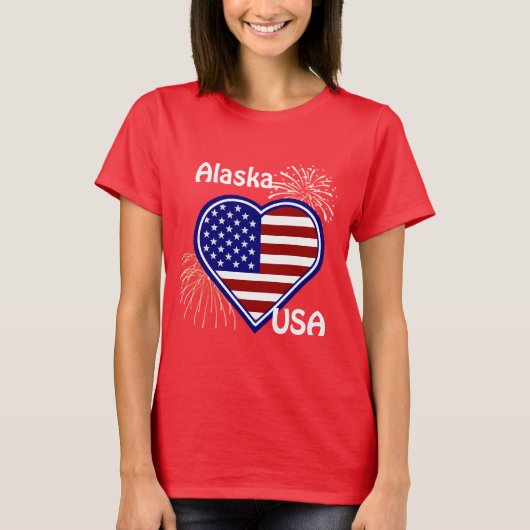 Alaska 4. Juli Feuerwerk Herzenflagge Roter T - Sh T-Shirt (Vorderseite)