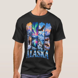 Alaska Bär Elch Adler Aurora See und Berg W T-Shirt