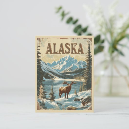 Alaska Elche Rustikale Vintage Naturreise Postkarte (Stehend Vorderseite)
