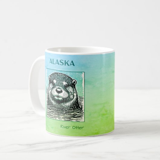 Alaska Fluss Otter Portrait - blau und grün Kaffeetasse (Vorderseite Links)