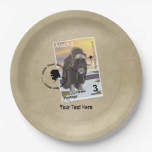 Alaska Moschusochsen-Briefmarken-Souvenir Pappteller