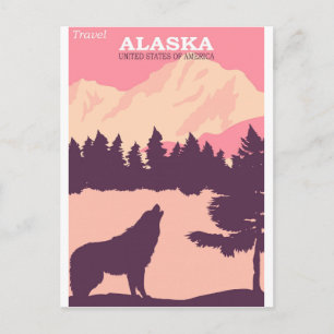 Alaska Natur Wolf Rosa Vintage Reiseposter Postkar Postkarte