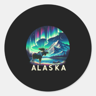 Alaska Nördliche Lichter Aurora-Ansicht Elch-Urlau Runder Aufkleber