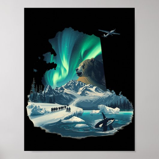 Alaska Northern Lights Grizzly Bear & Orca Poster (Vorne)