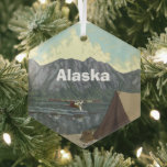 Alaska Ornament Aus Glas<br><div class="desc">Bush Flugzeug landet in einem See am Fuße der Berge mit einem Retro-tan Leinwand Zelt. Großes Geschenk für den Piloten oder zukünftigen Piloten oder jemand,  der Alaska Liebe. Ich würde ein großes Alaska-Souvenir machen.</div>