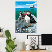 Alaska - Puffins beim Beobachten eines Kreuzfahrts Poster (Heimbüro)