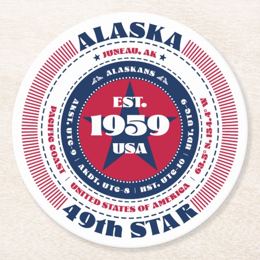 Alaska Red White Blue Typografie Runder Pappuntersetzer (Vorderseite)