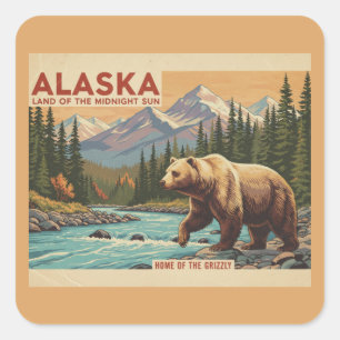 Alaska Reise Grizzly Bären Landschaft Quadratischer Aufkleber