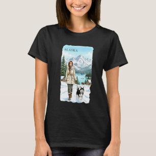 Alaska-Reise-Kunstfrau mit Husky in der schneebede T-Shirt