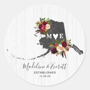 Alaska Staat Destination Rustic Monogram Wedding Runder Aufkleber