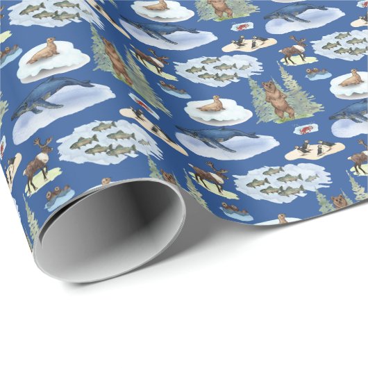 Alaska-Tier-Toile (auf Blau) Geschenkpapier (Rolleneckpunkt)