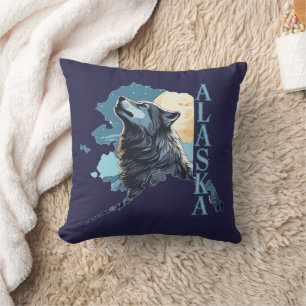 Alaska Umriss Wolf und Mond Kissen